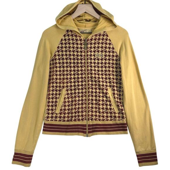ENYCE Houndstooth Full Zip Jacket Hooded Embroidered Logo Mustard/Burgundy Sz SM - Picture 2 of 16